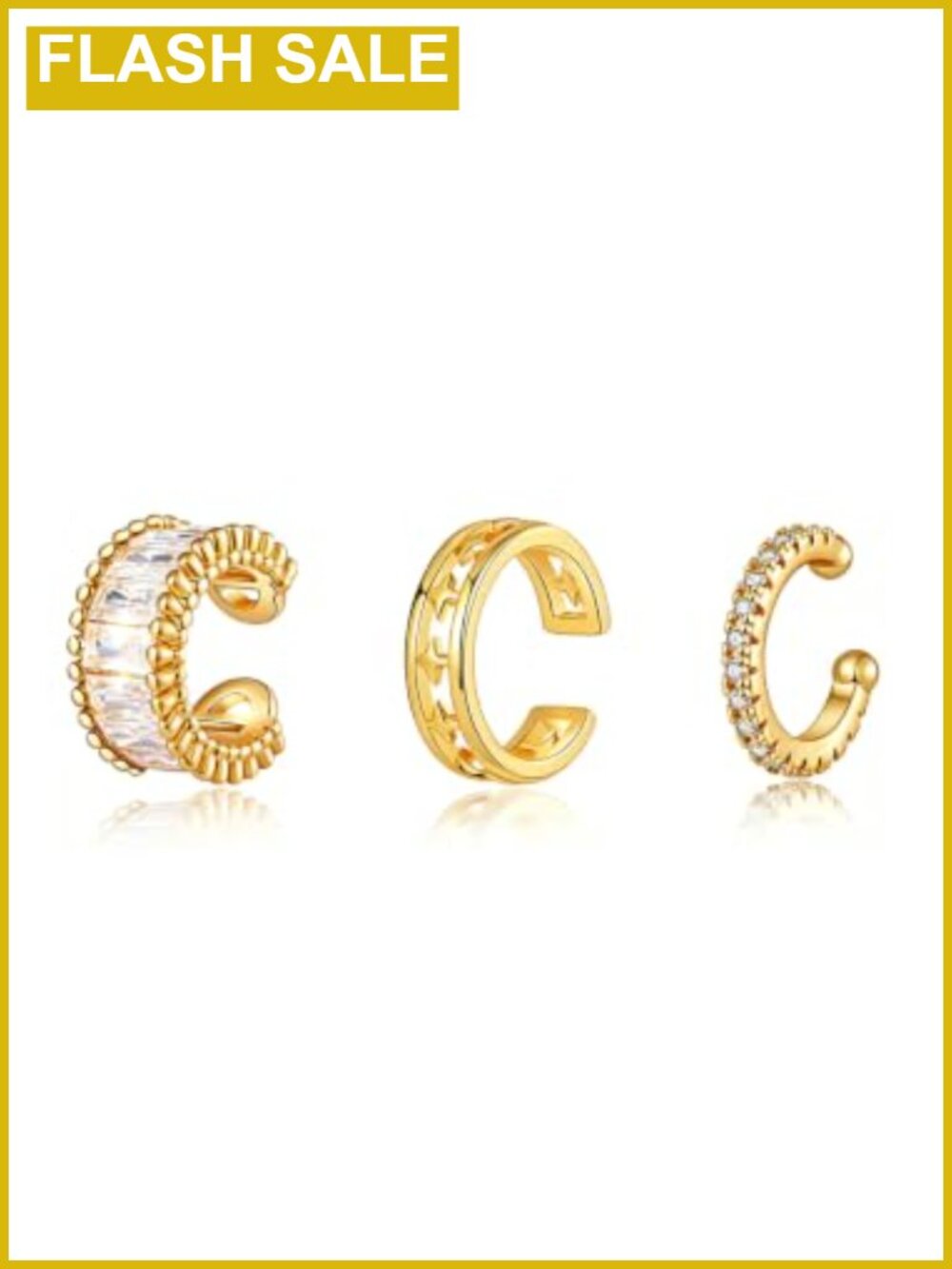 14K Gold Plated Clip On Ear Cuffs Non Piercing Set 3Pc